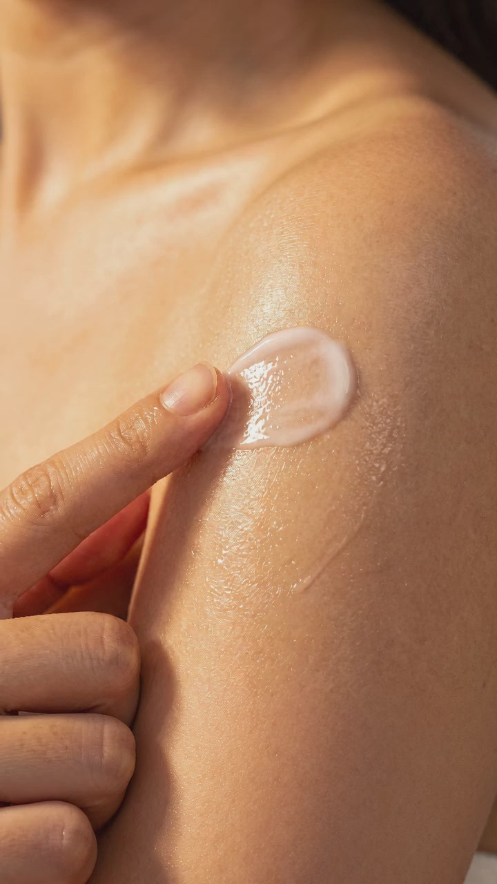 Curenex sheer sunscreen SPF 50+ video showing a lightweight dewy finish on skin