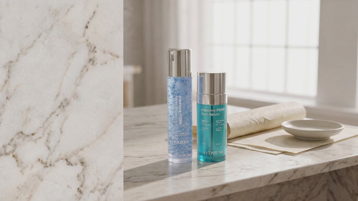 Load video: Vitaran Morning and Night Serum Duo origin story clip on its exosome formula