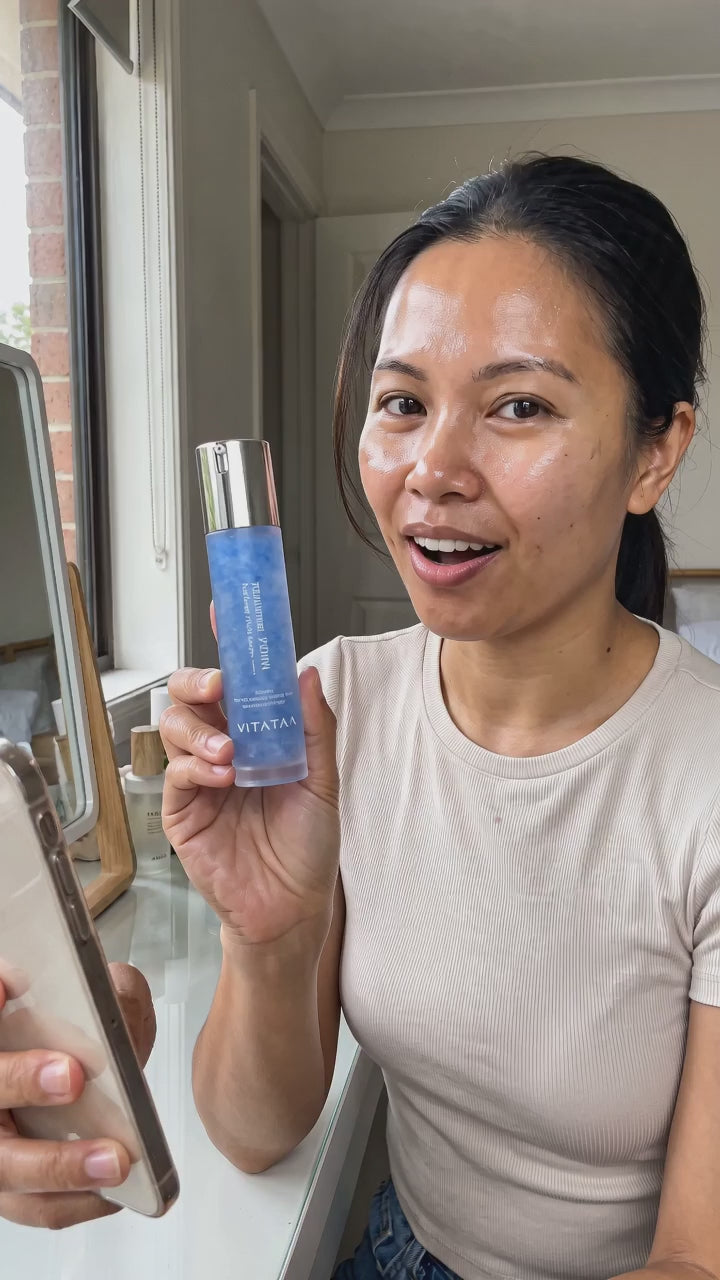 Vitaran Morning and Night Serum Duo customer video applying azulene morning serum