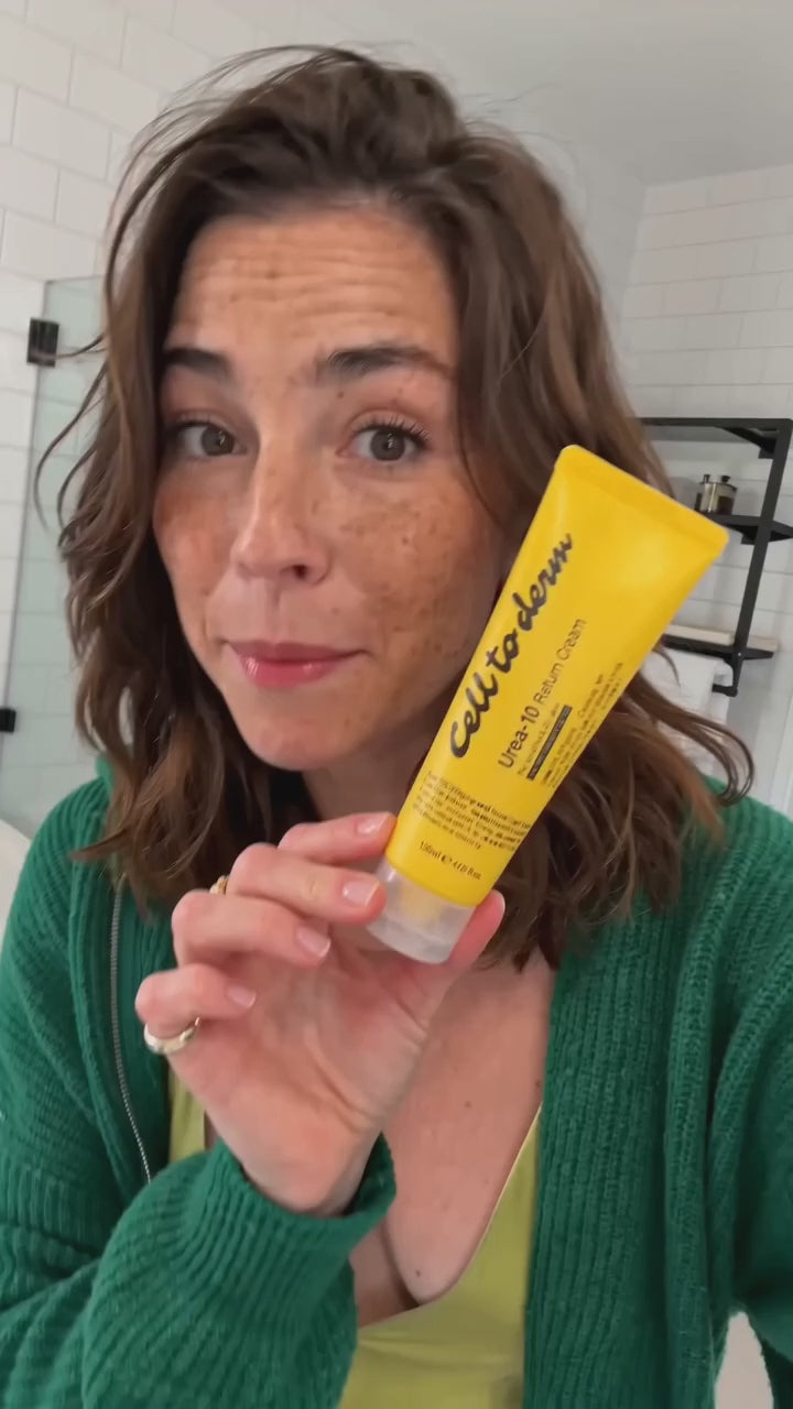 Customer smoothing the Cell to Derm Urea 10 Return Cream onto dry skin in a UGC clip