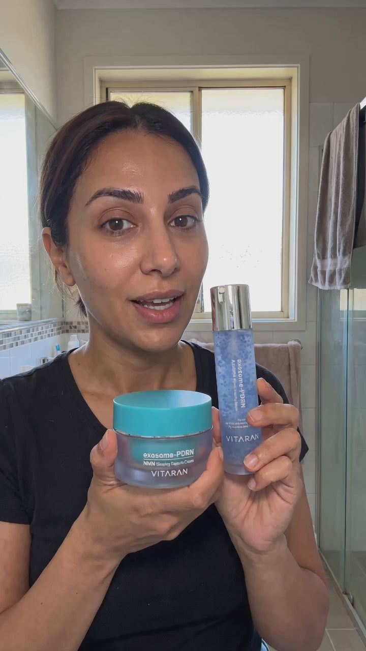 VITARAN Day and Night Duo customer video layering the exosome duo for a dewy glow