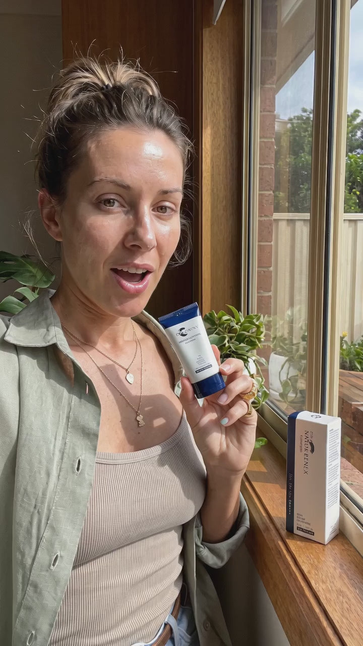 Load video: Glow Salmon DNA Curenex sunscreen customer clip applying sheer daily protection