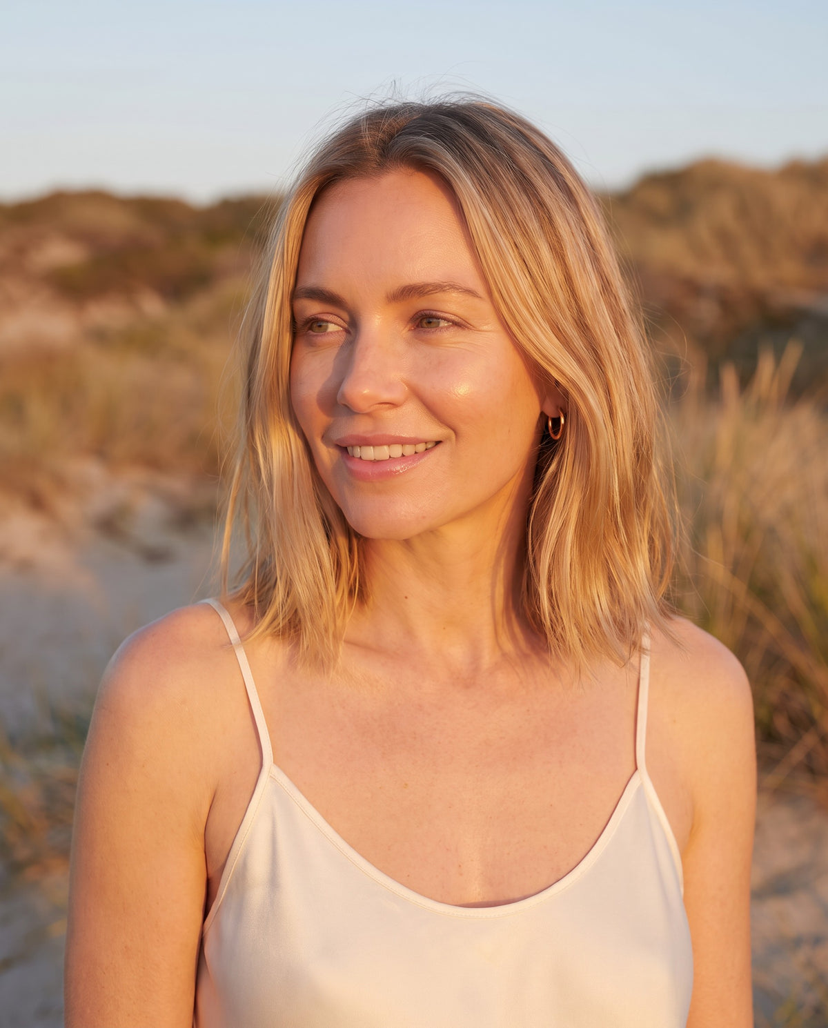 Woman with natural blonde hair and glowing skin at golden hour