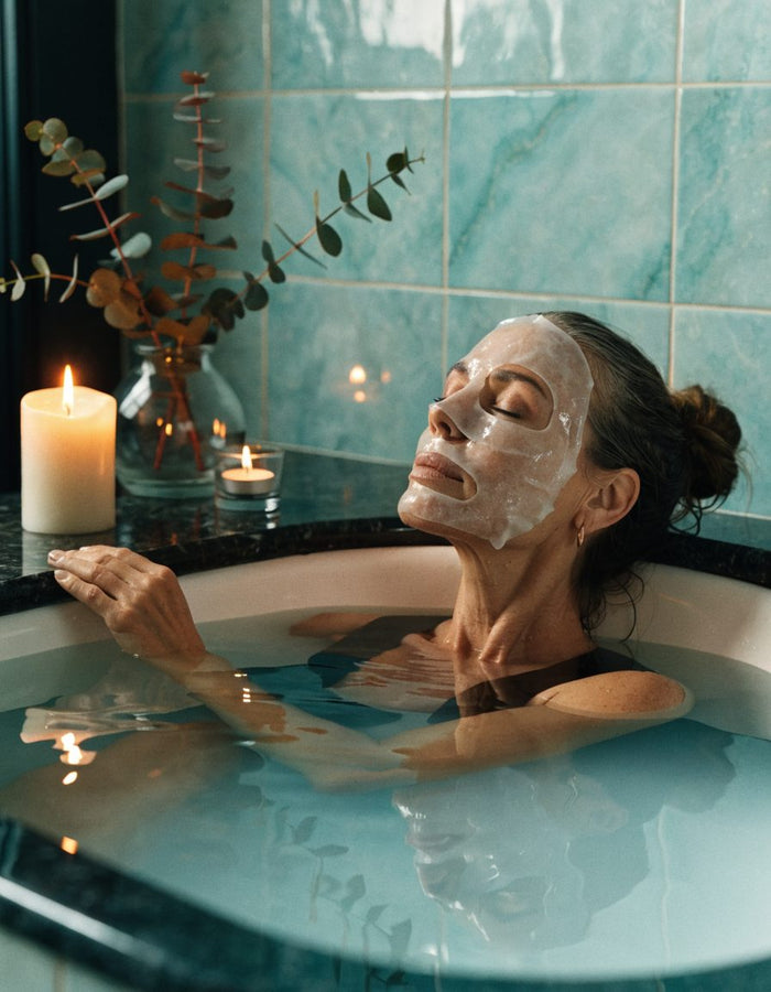 A woman relaxing in a bath with a sheet mask