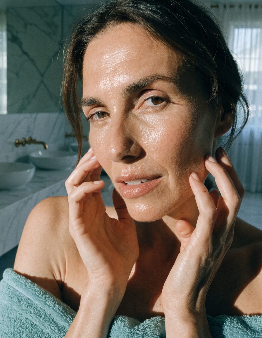 A woman touching her dewy cheeks