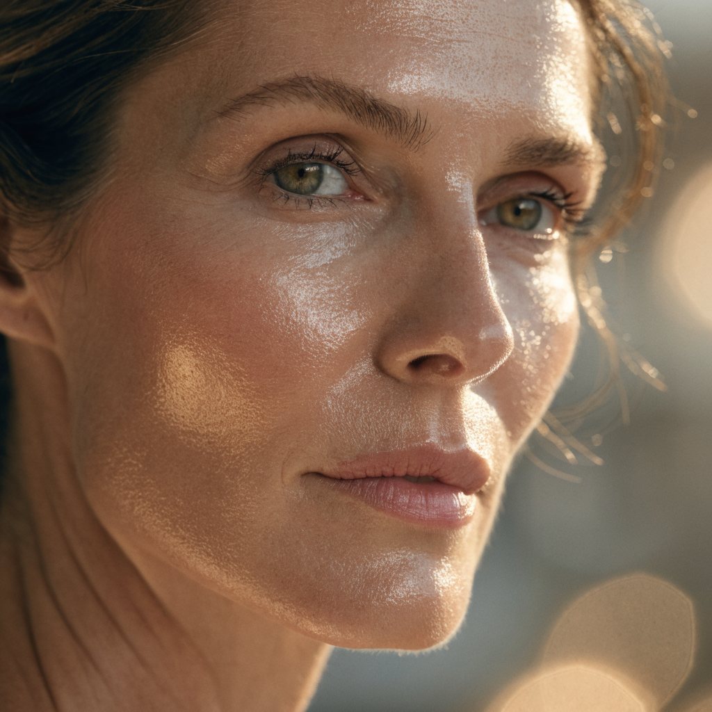 Close up of a woman's cheek in golden light