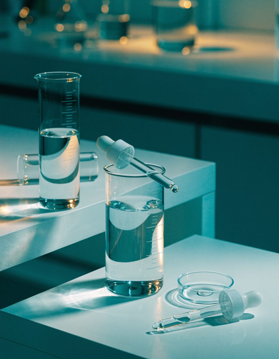 A minimal skincare lab with clear serum