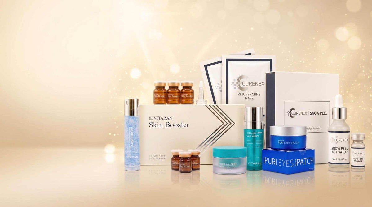 Vitaran Full System Kit skincare set with white, teal and blue containers, serum bottles, masks, eye patches and peel products.