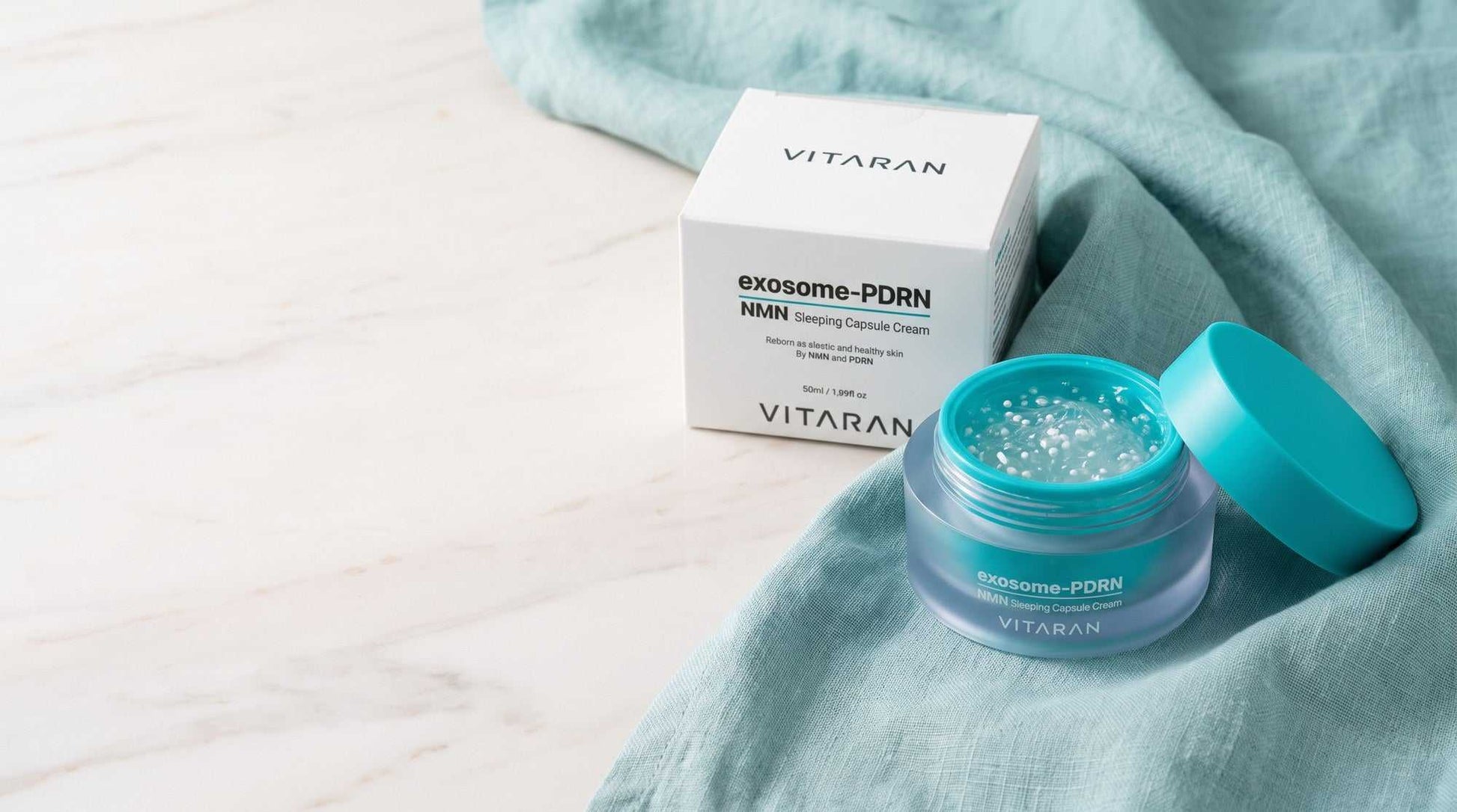 VITARAN Exosome PDRN Capsule Cream benefits chart showing hydration, plumpness and glow